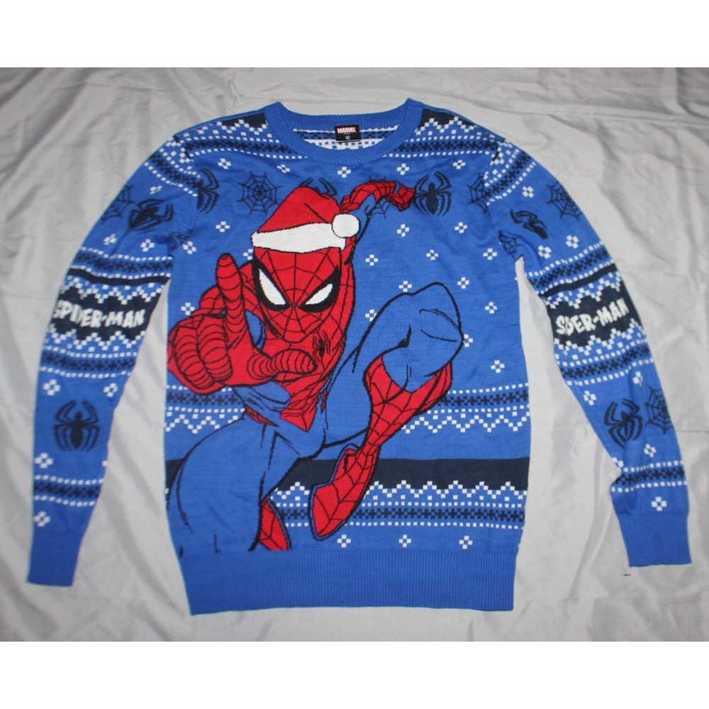 Marvel Spider-Man Christmas Fair Isle Crew Neck Pullover Sweater Boys L/G Blue